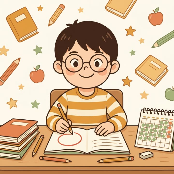 カレンダーを前に一週間の予定を考える親子のイラスト