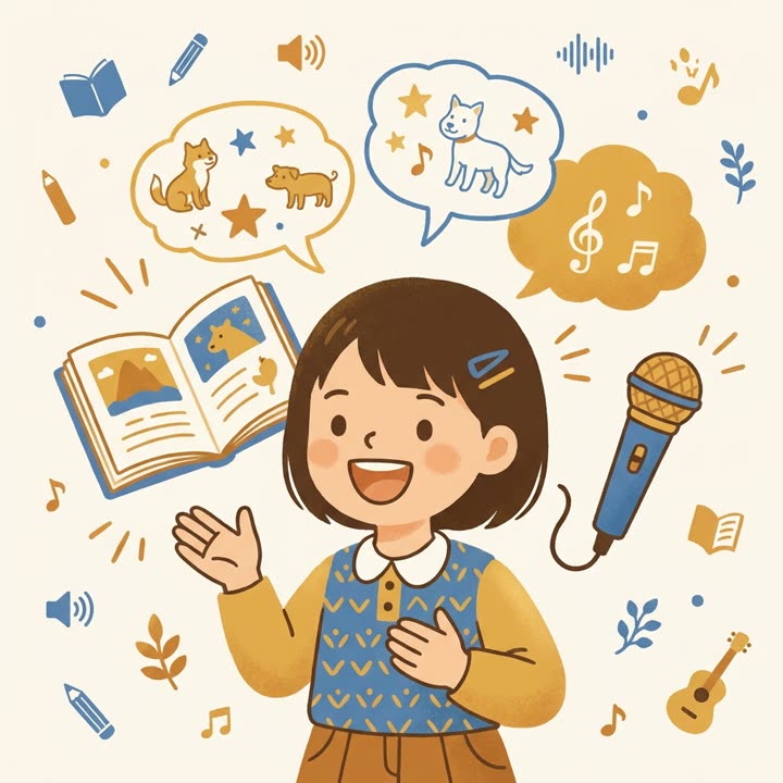身ぶりをまじえて楽しそうに話す子どものイラスト