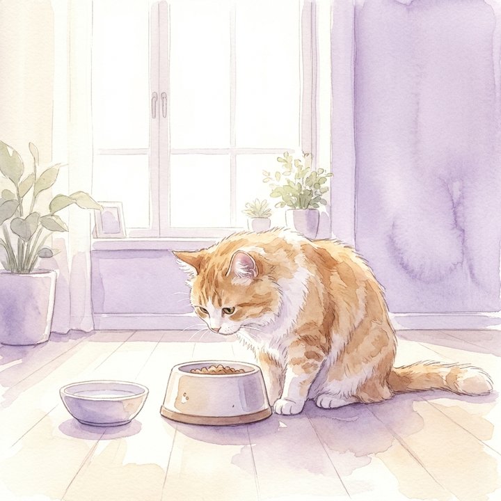 明るい部屋で2つのフードボウルをのぞき込む猫のイラスト