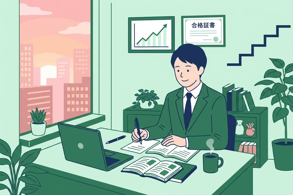 デスクで資格の資料を広げて考える人のイラスト
