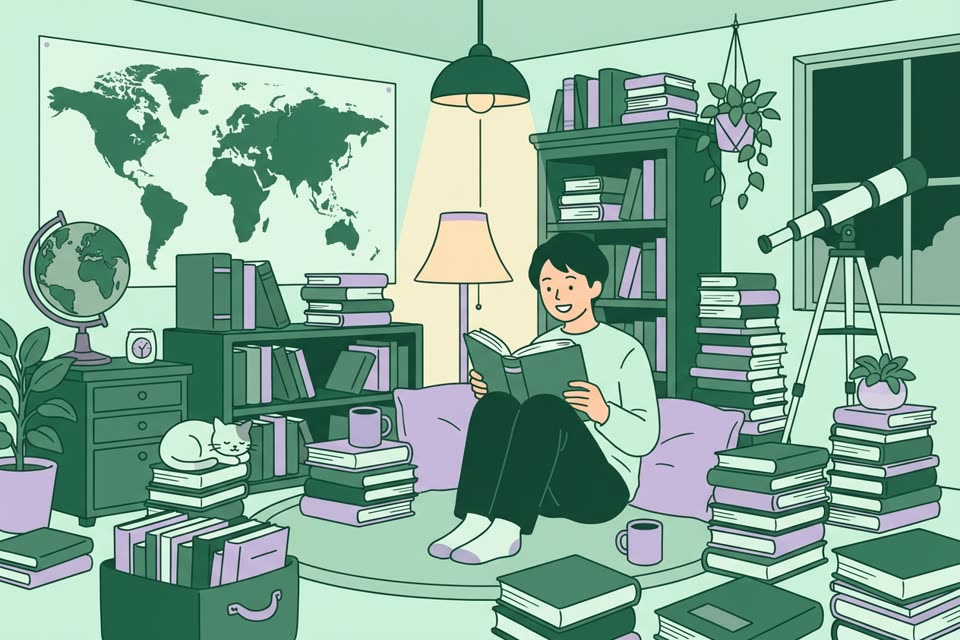 自宅のテーブルで楽しそうに学ぶ大人のイラスト