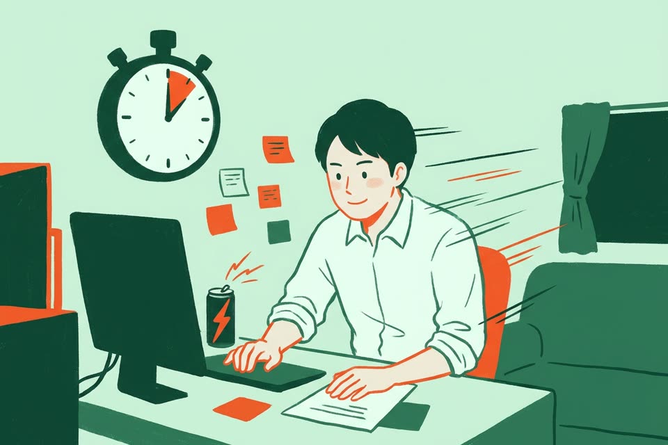 締切に向かって集中して机に向かう人のイラスト