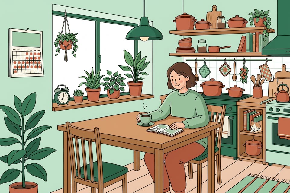 朝の食卓でテキストを開く人のイラスト